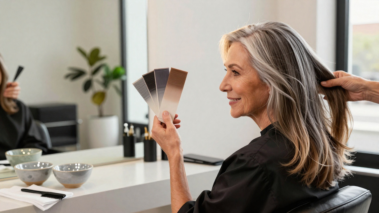 Mulher com cabelos grisalhos olha amostras de cor no salão de beleza enquanto cabeleireira segura seu cabelo.