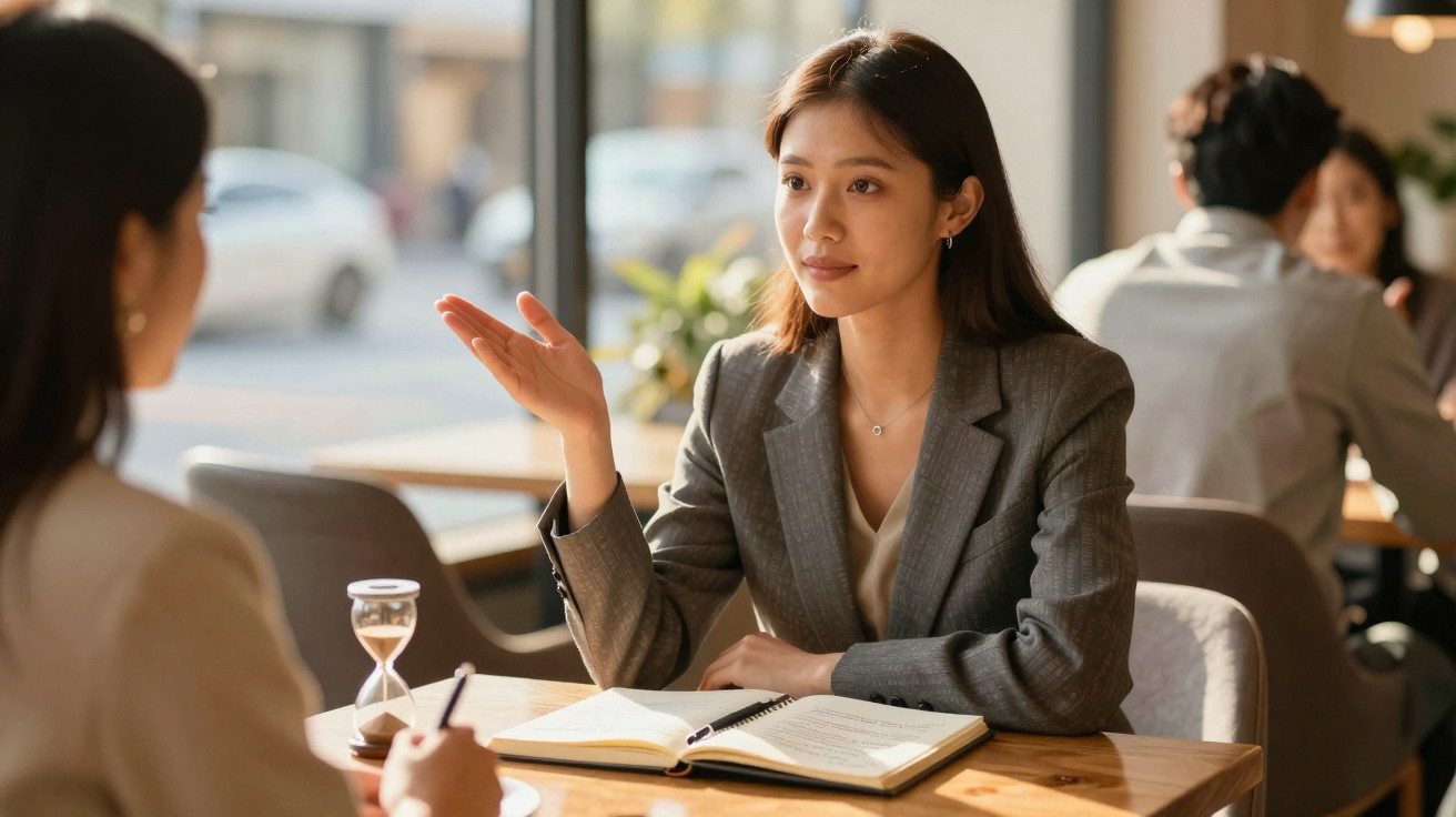 Duas mulheres conversam sentadas numa mesa de café, com caderno aberto e ampulheta visível.