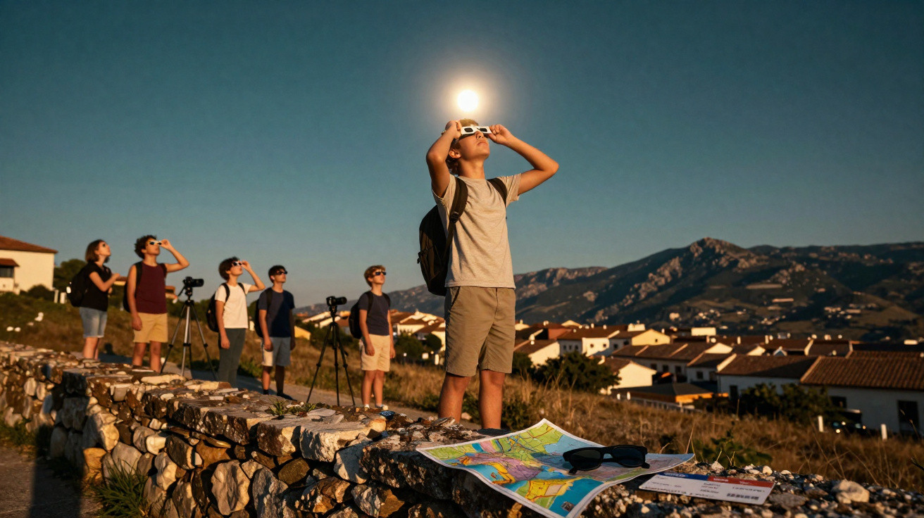 Grupo de jovens com óculos solares observa o eclipse solar numa área rural com montanhas e casas ao fundo.