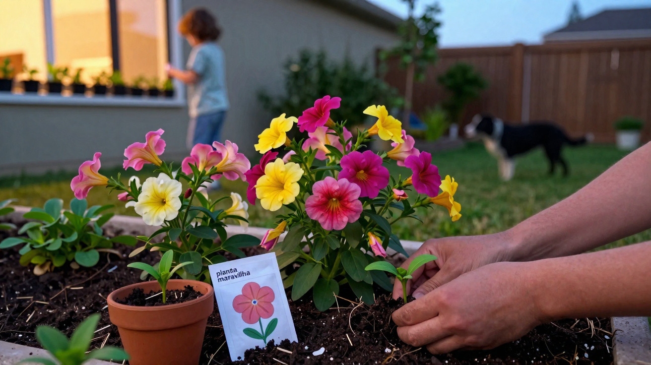 Mãos a plantar flores coloridas num jardim, criança ao fundo e cão na relva.