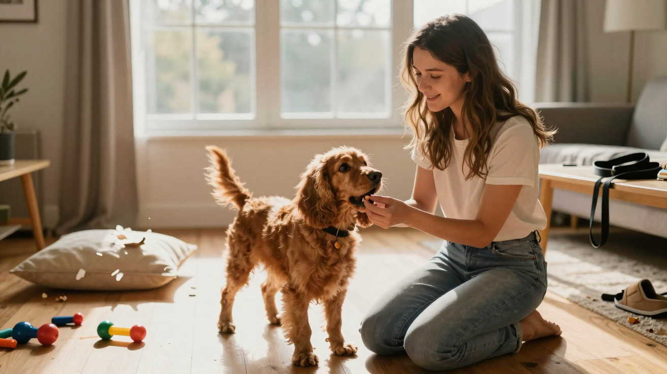 Mulher sorridente a brincar e a dar um petisco a um cão castanho num chão de madeira iluminado.