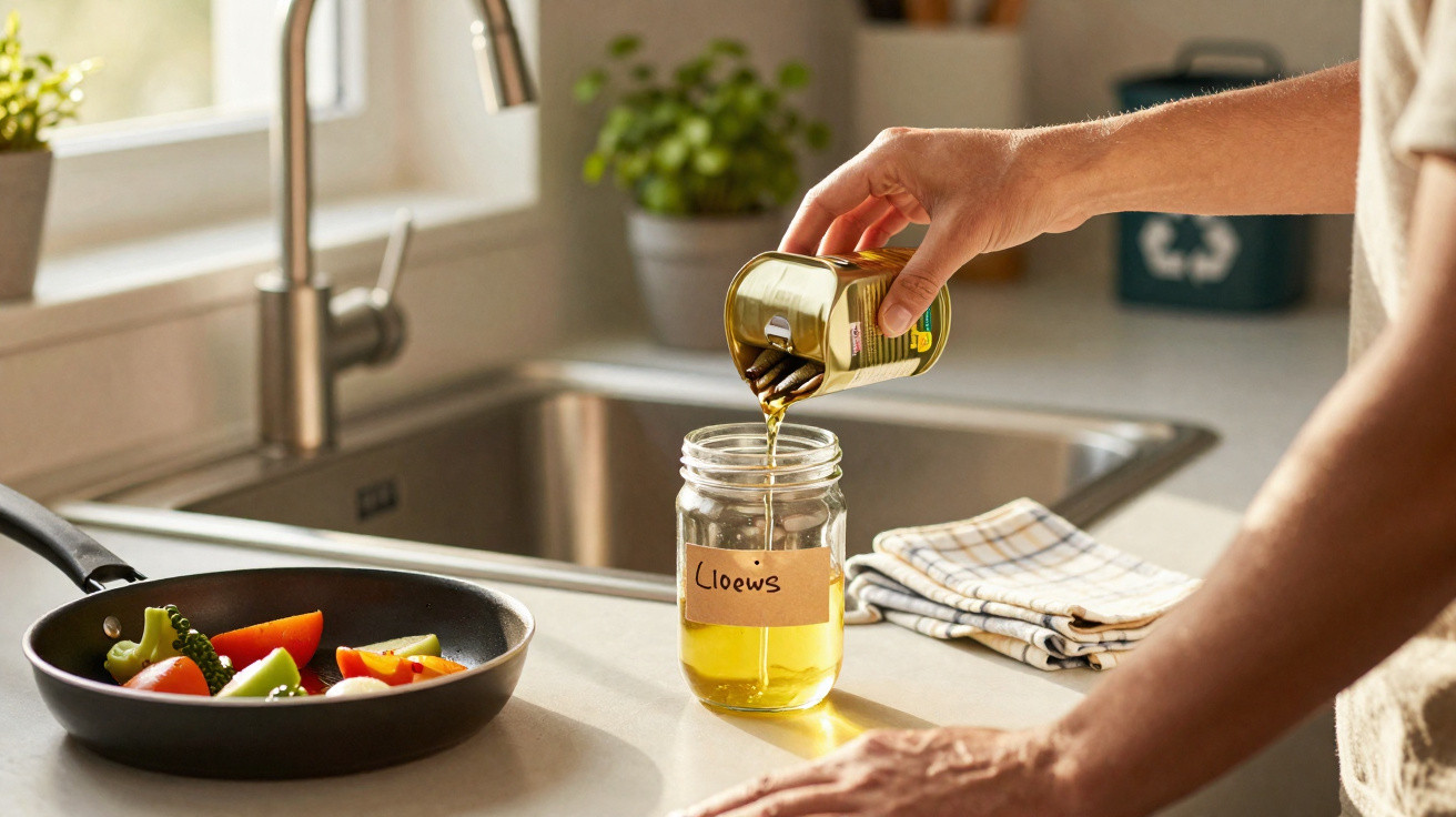 Pessoa a derramar azeite de uma lata para um frasco de vidro na cozinha, com legumes na frigideira.