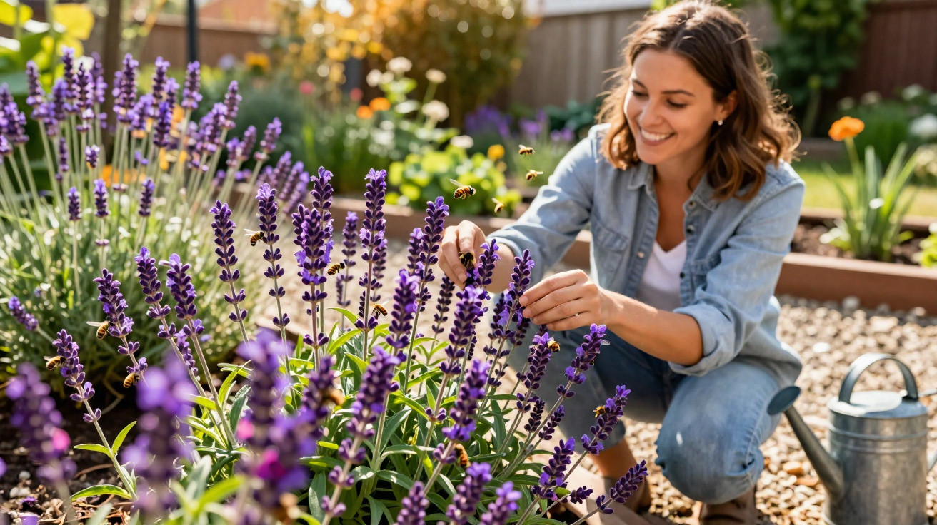 Mulher sorridente a cuidar de flores de lavanda num jardim ao ar livre durante o dia.