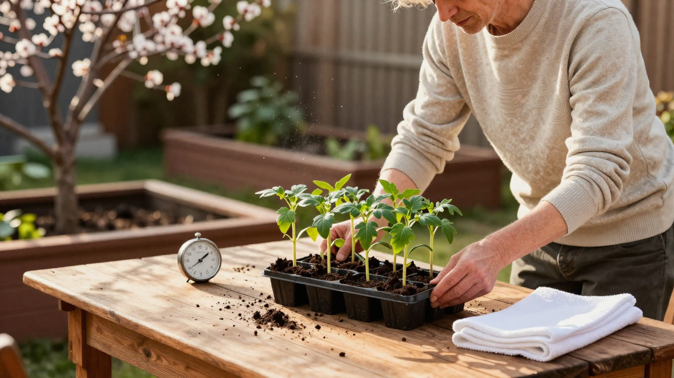 Pessoa a cuidar de plantas jovens numa bandeja preta num jardim com relógio de mesa e toalha branca na mesa de madeira.