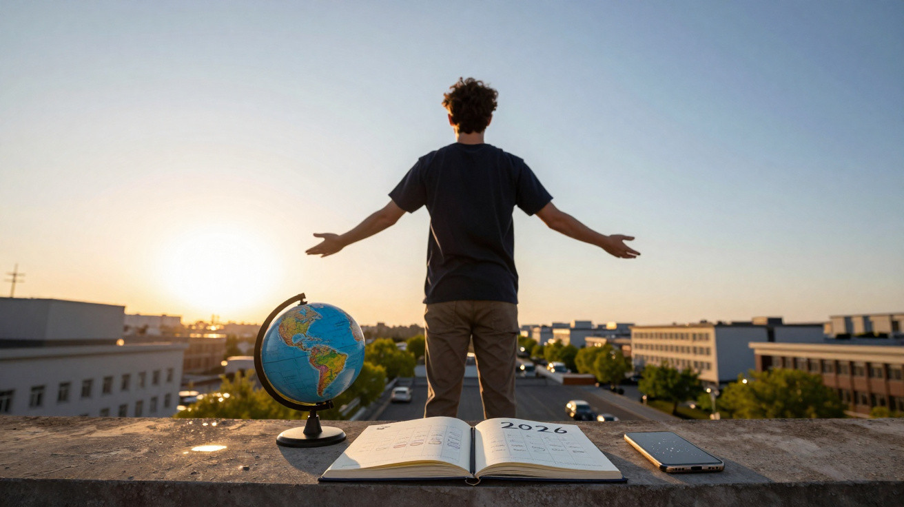 Pessoa de braços abertos a olhar para o horizonte ao pôr do sol, com globo, livro aberto e telemóvel à frente.