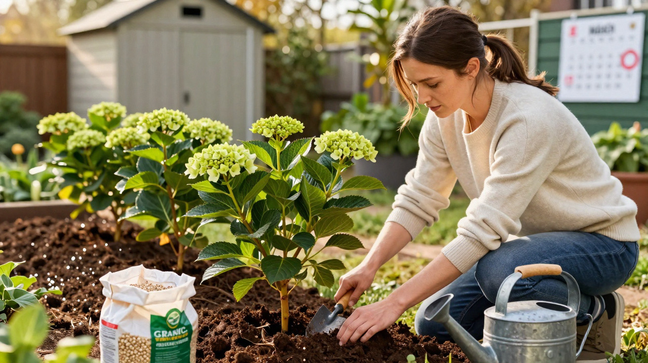 Mulher a plantar flores num jardim com terra, regador e saco de fertilizante ao lado.