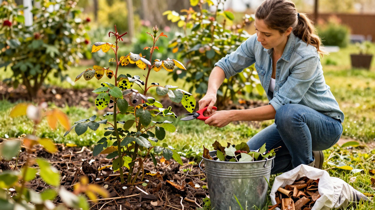 Mulher a podar planta num jardim, com uma tesoura vermelha e balde metálico ao lado.