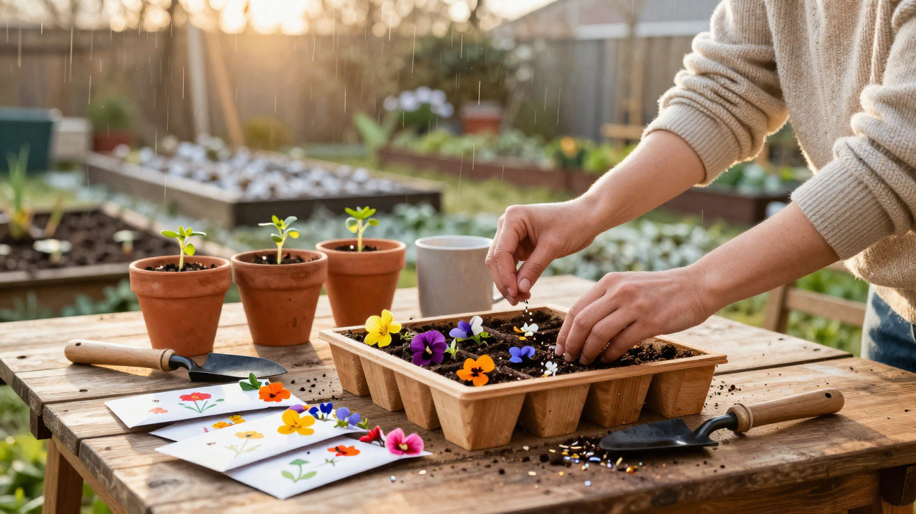 Mãos a semear flores em tabuleiro de mudas, com vasos, sementes e ferramentas de jardinagem numa mesa de madeira.