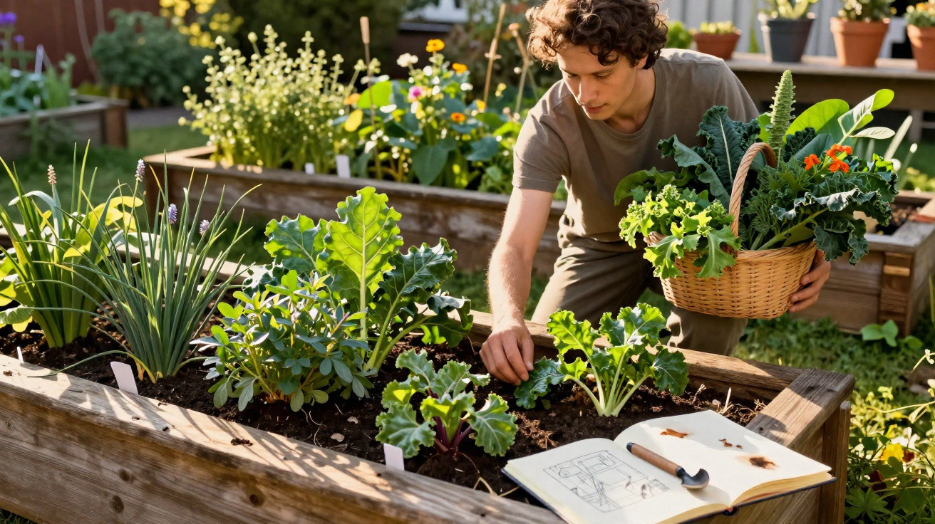 Homem cuida de hortaliças numa horta urbana com cesta de verduras e livro aberto ao lado.