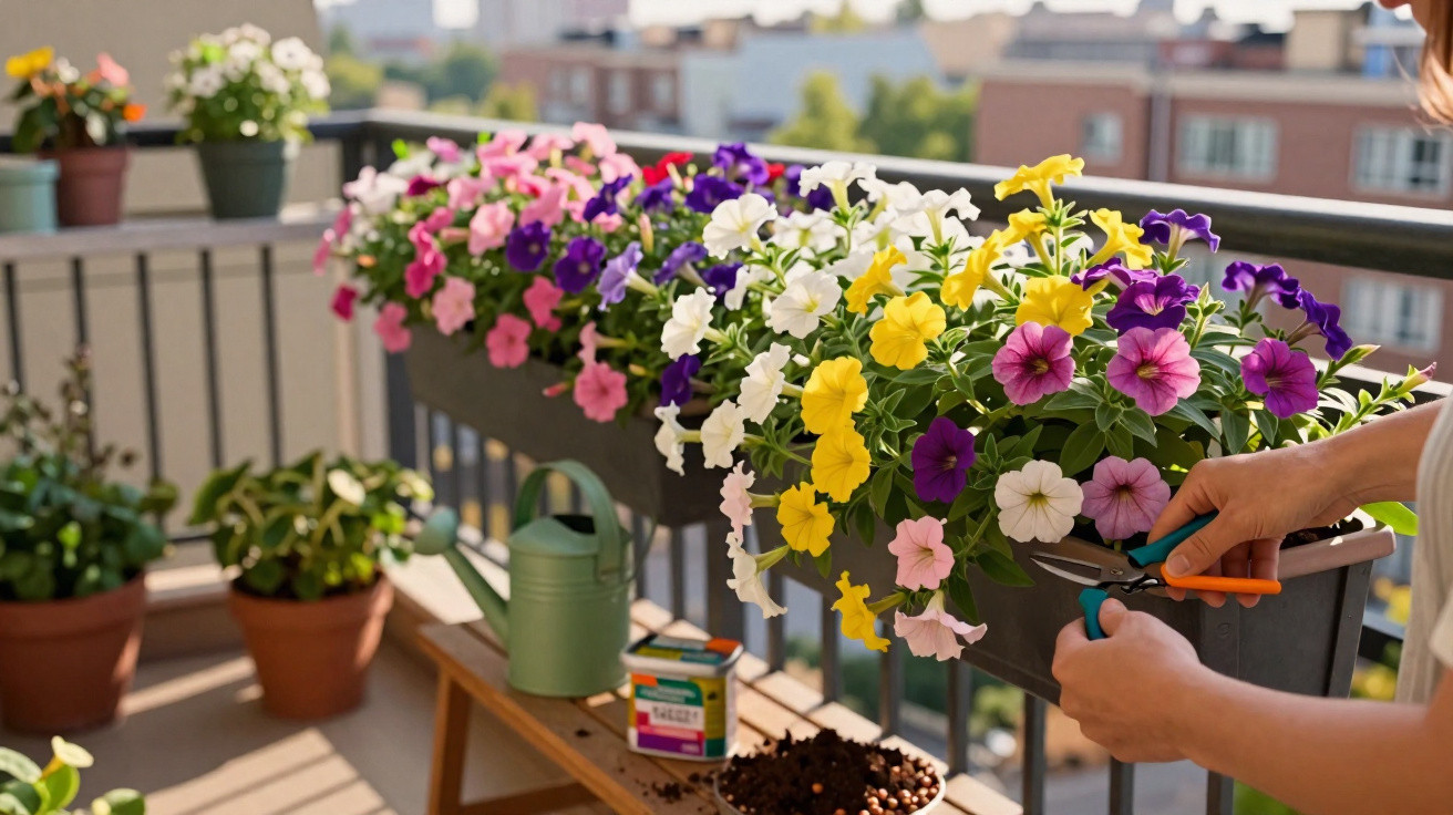 Varanda com vasos coloridos de flores, mãos a podar pétalas com tesoura de jardinagem.