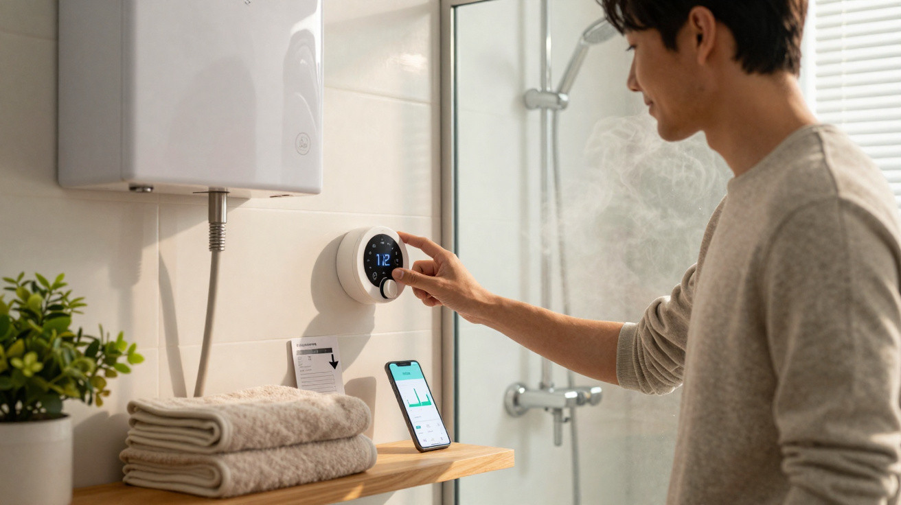 Homem ajusta termostato digital numa casa de banho moderna com toalhas e smartphone na prateleira.