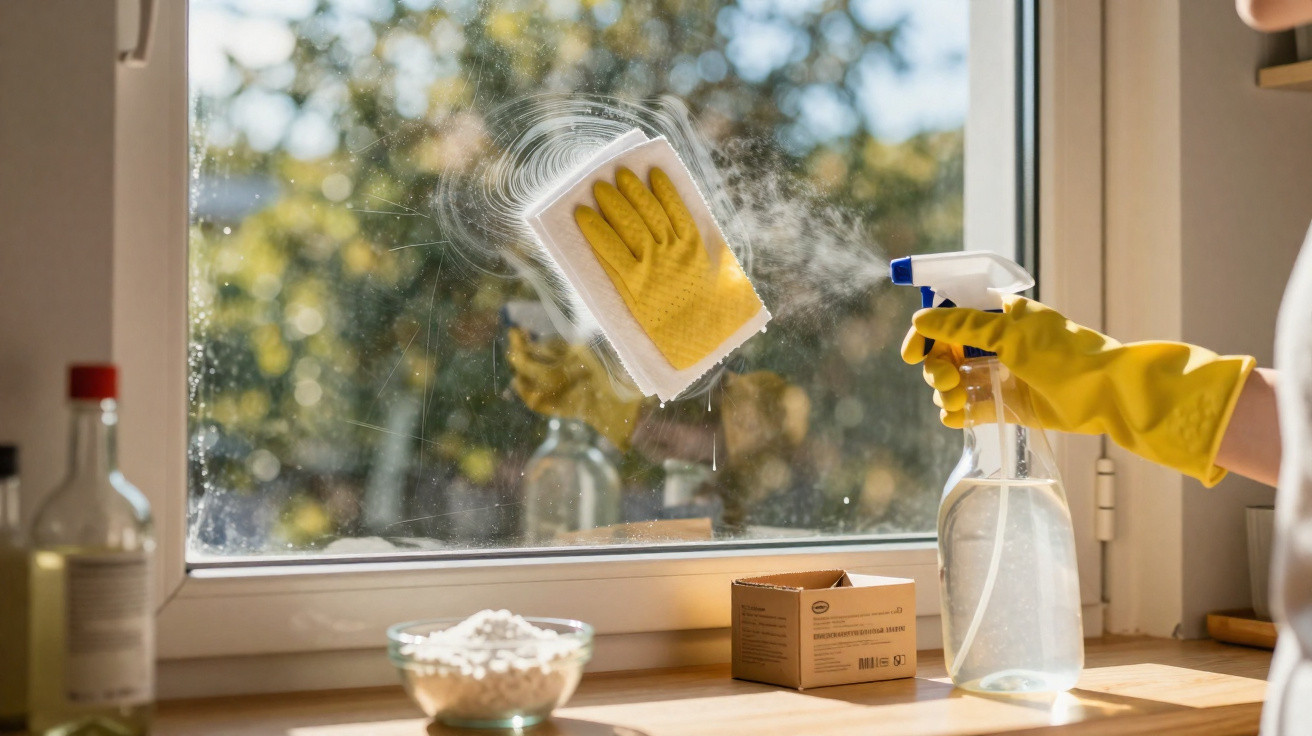Pessoa com luvas amarelas a limpar a janela com spray e pano numa cozinha iluminada a luz natural.
