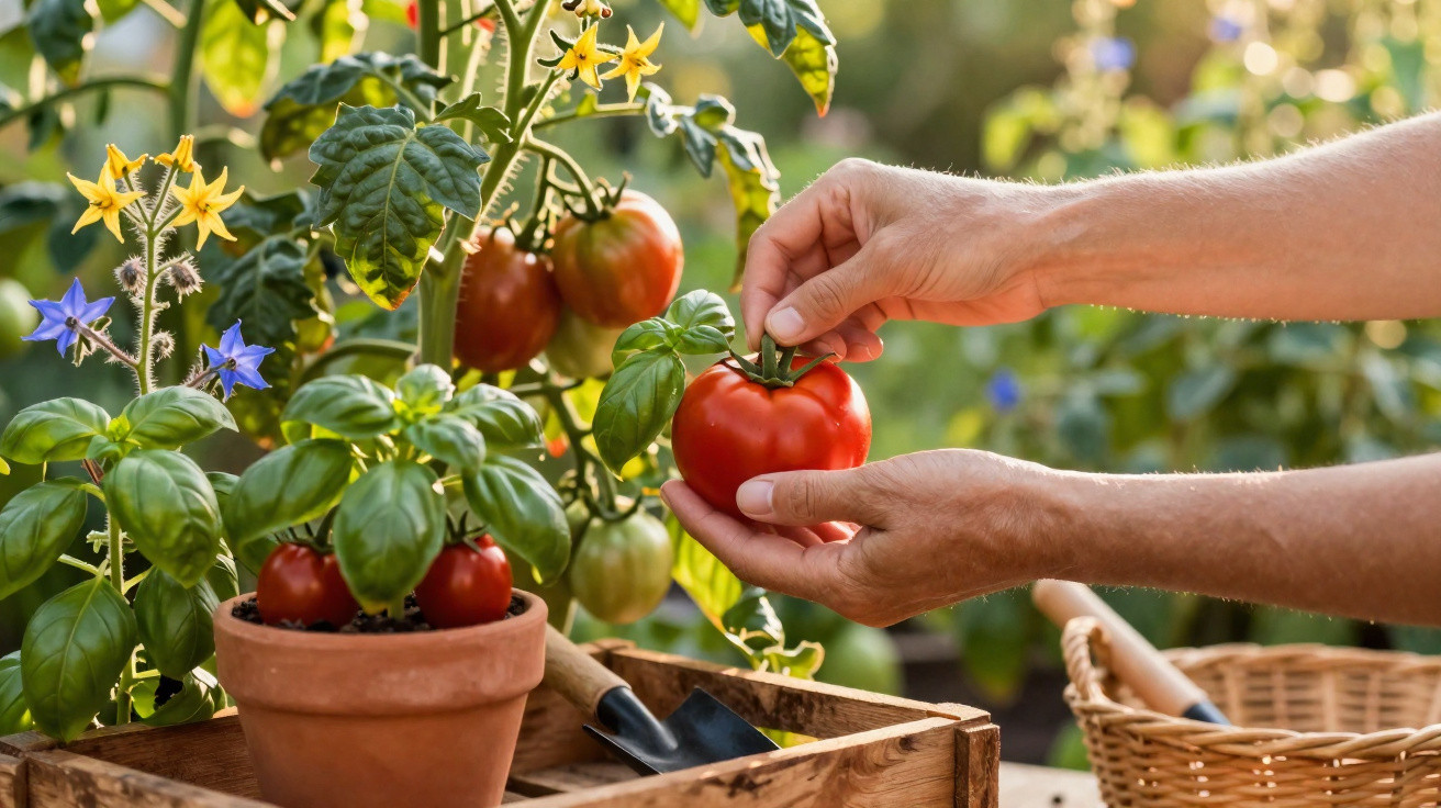 Pessoa a colher tomate maduro em planta num jardim com vaso de manjericão e ferramentas de jardinagem.