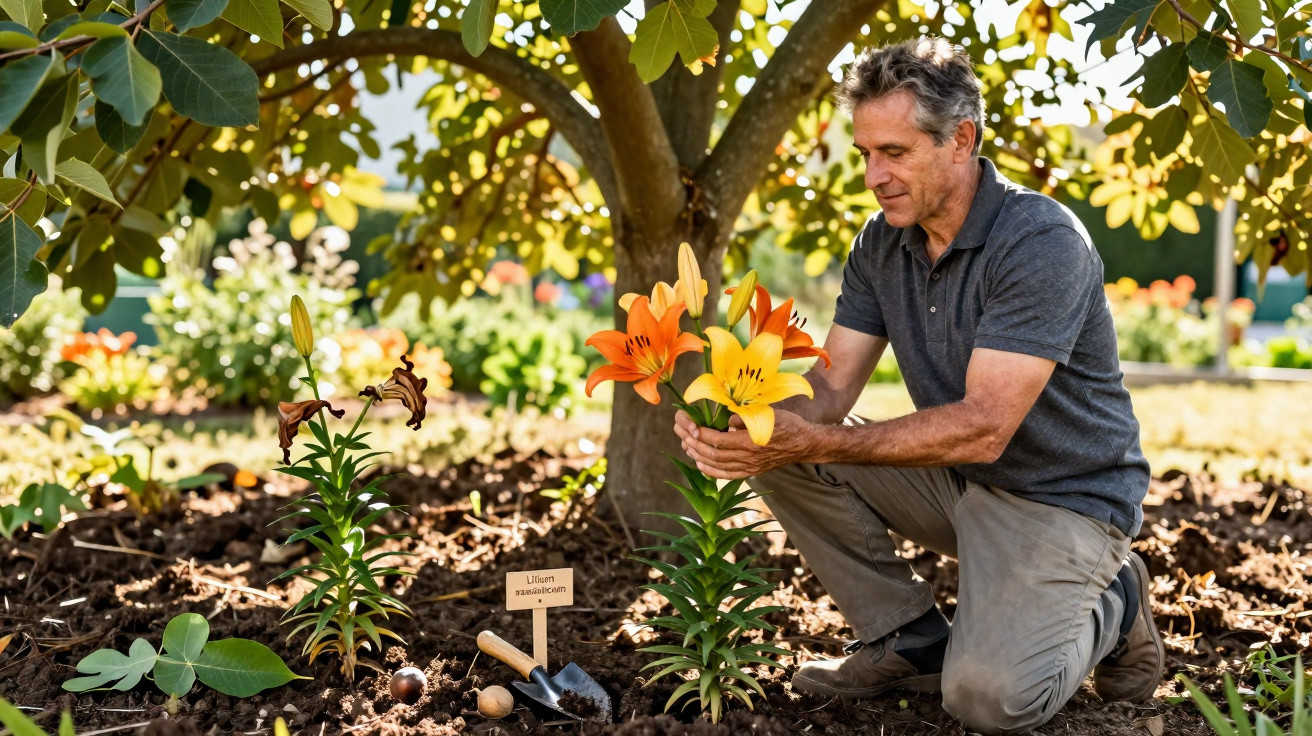 Homem a cuidar de lírios amarelos e laranja num jardim sob uma árvore com sol filtrado.