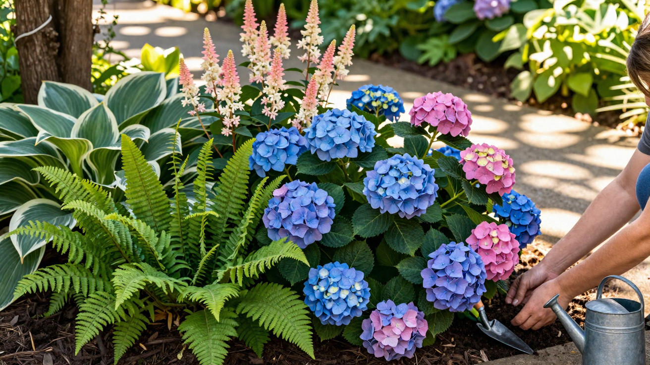Mãos de pessoa a plantar flores hortênsias azuis e rosas num jardim com regador e várias plantas.