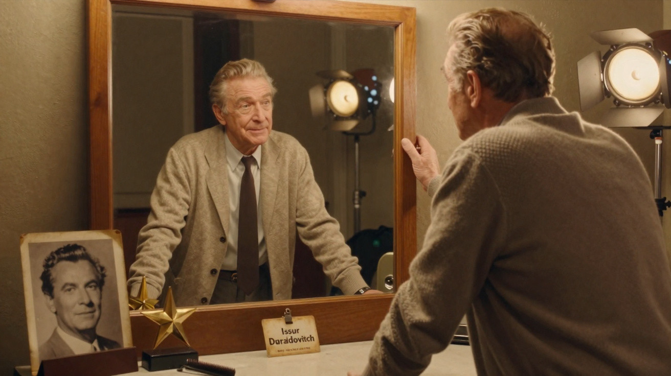 Homem idoso com cardigan e gravata olha para o espelho numa sala com luzes de estúdio e foto antiga na mesa.