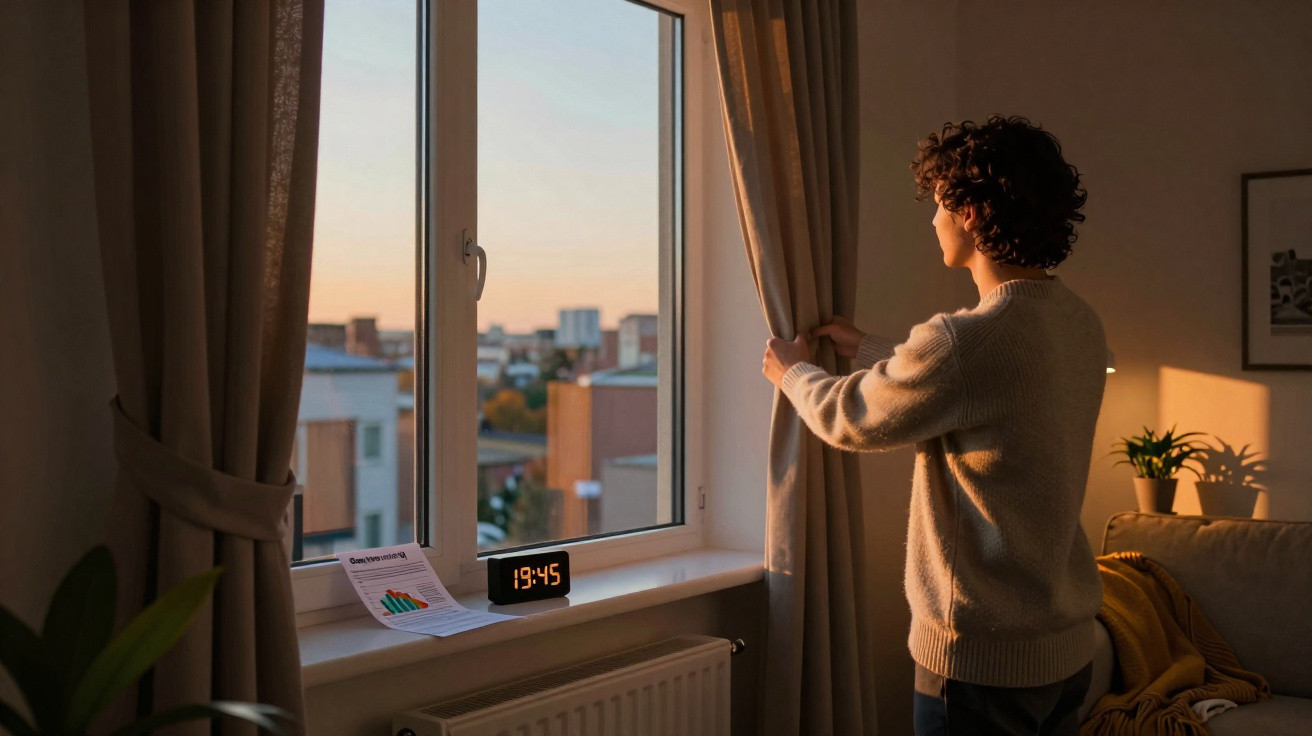 Pessoa com camisola a abrir cortinas ao fim da tarde numa sala acolhedora com plantas e relógio digital.