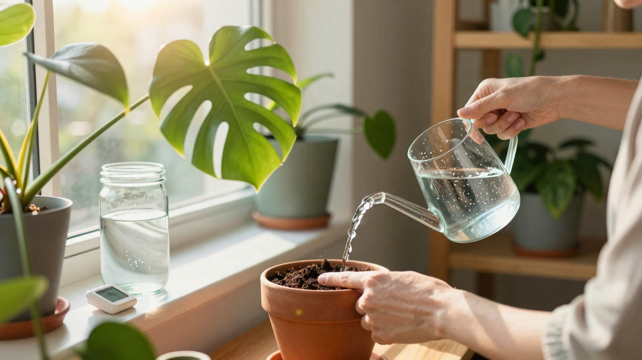 Pessoa a regar planta em vaso de barro num espaço interior luminoso, junto a janela com outras plantas.