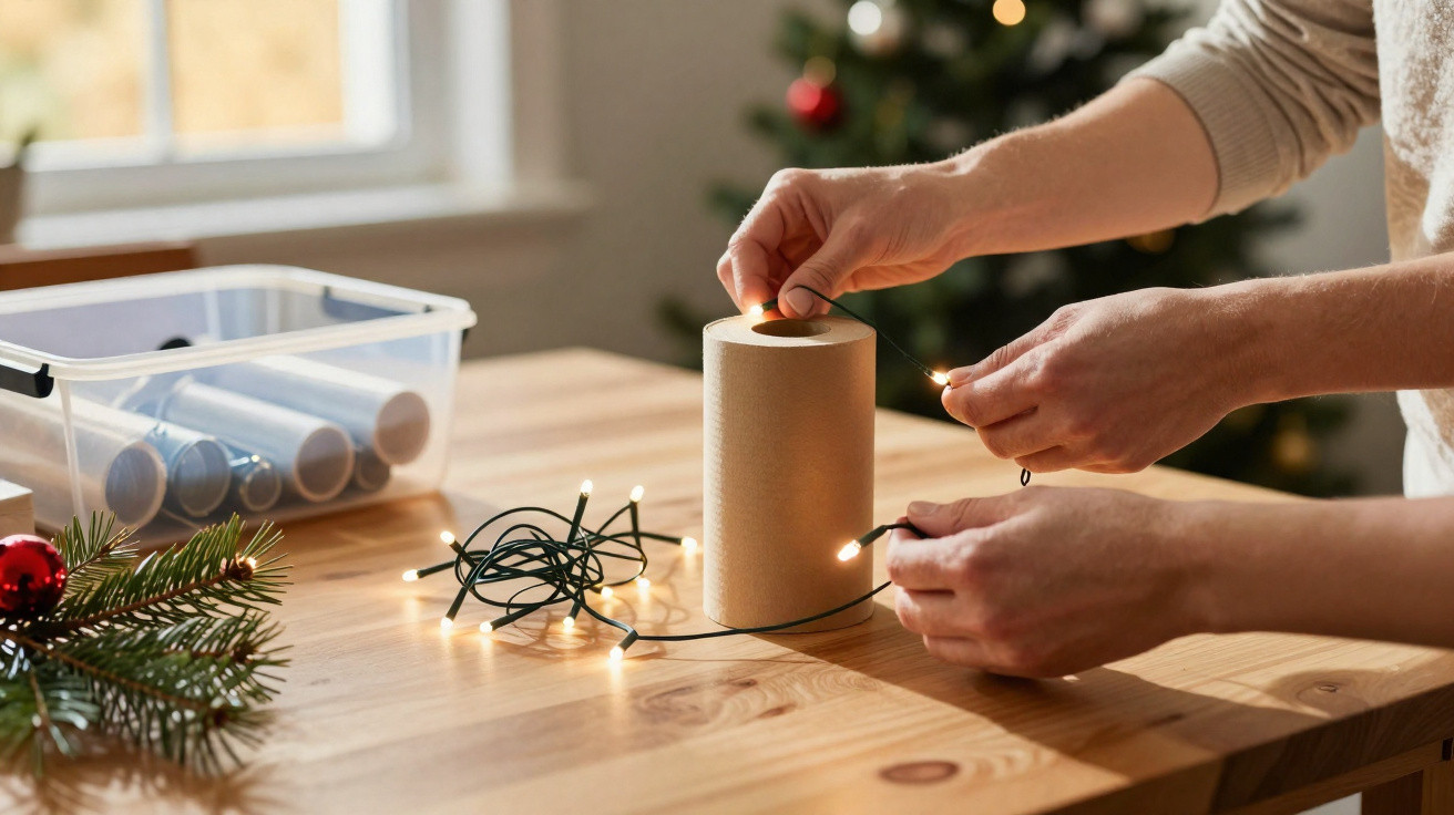 Mãos a enrolar luzes de Natal numa caixa de cartão, com decoração natalícia e árvore ao fundo.