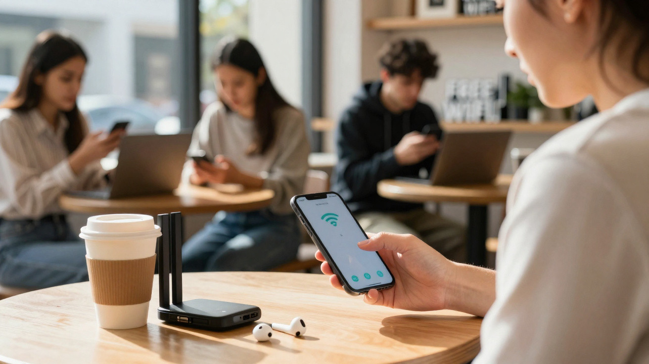 Pessoa a usar telemóvel com ícone de Wi-Fi, copo de café e auscultadores sobre mesa, outras pessoas ao fundo.