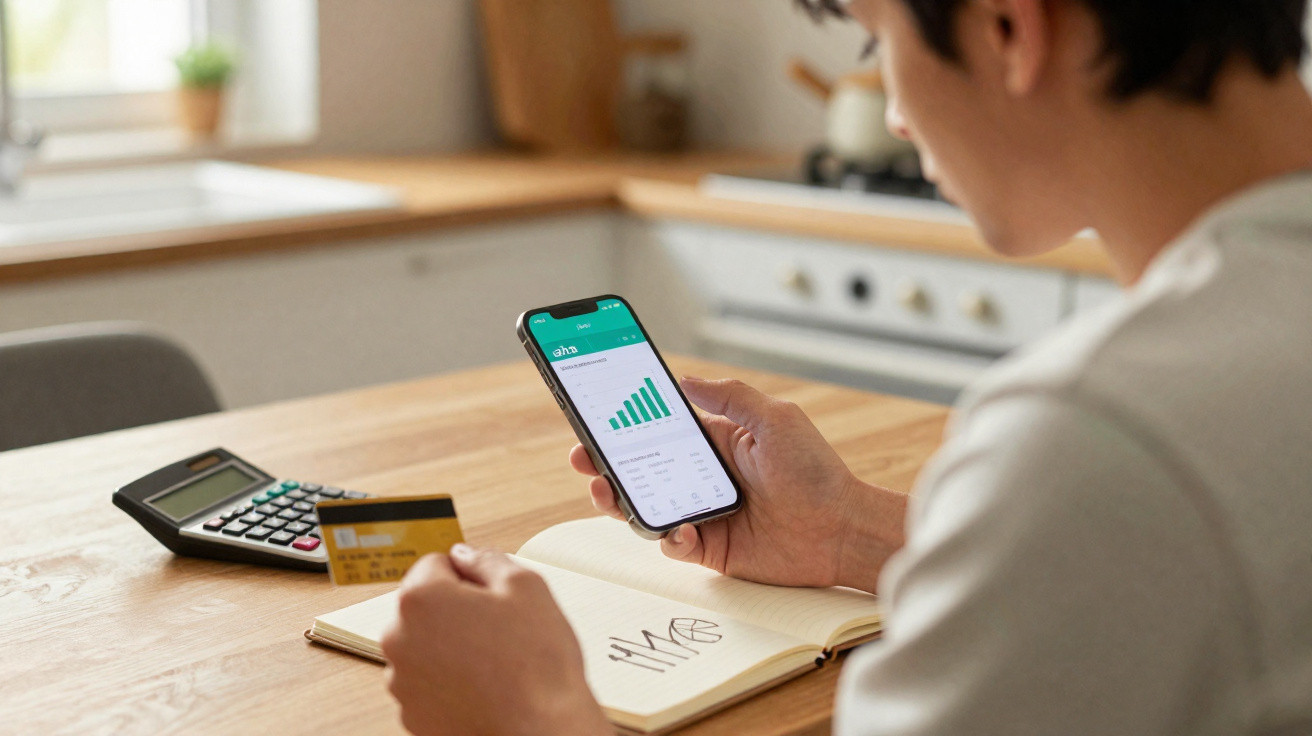 Pessoa em casa a usar telemóvel para controlo financeiro, segurando cartão de crédito e caderno aberto.