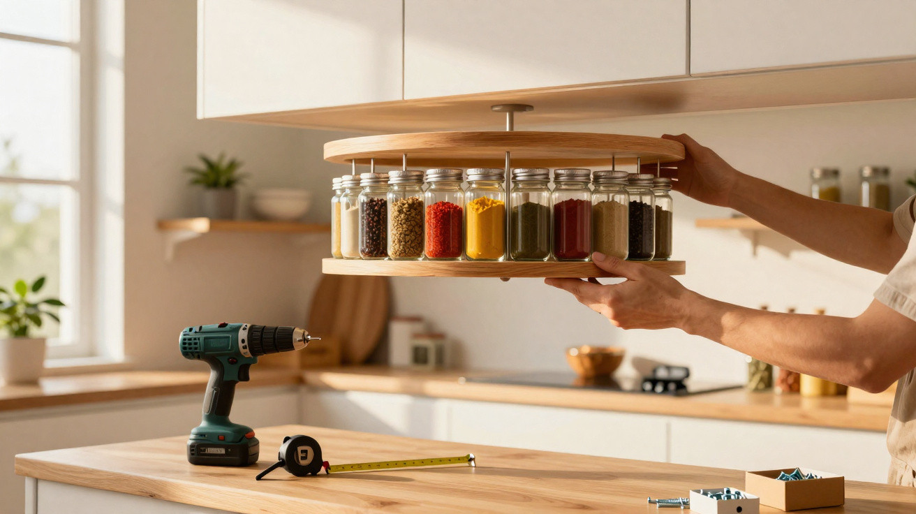 Mãos a instalar um organizador giratório de especiarias com frascos na cozinha moderna.