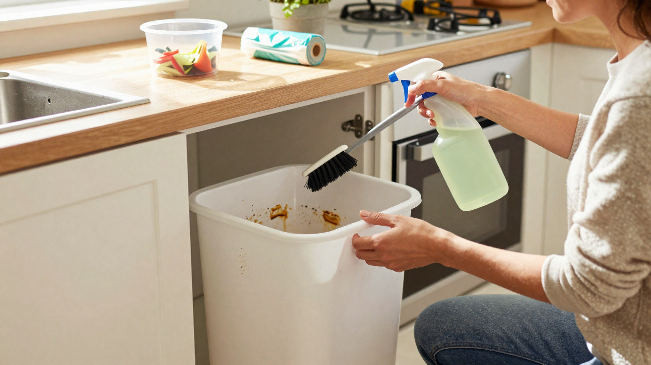 Pessoa a limpar um caixote do lixo branco numa cozinha com produtos de limpeza.
