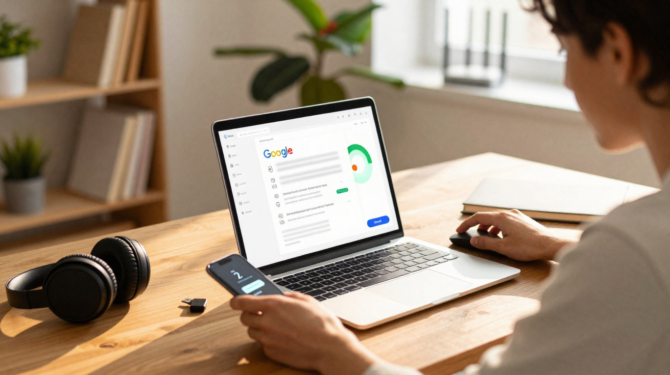 Pessoa a usar computador portátil com página da Google aberta e a segurar um telemóvel numa mesa de madeira.