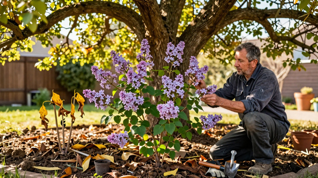 Homem a cuidar de arbusto com flores lilases num jardim sob uma árvore grande num dia solarengo.