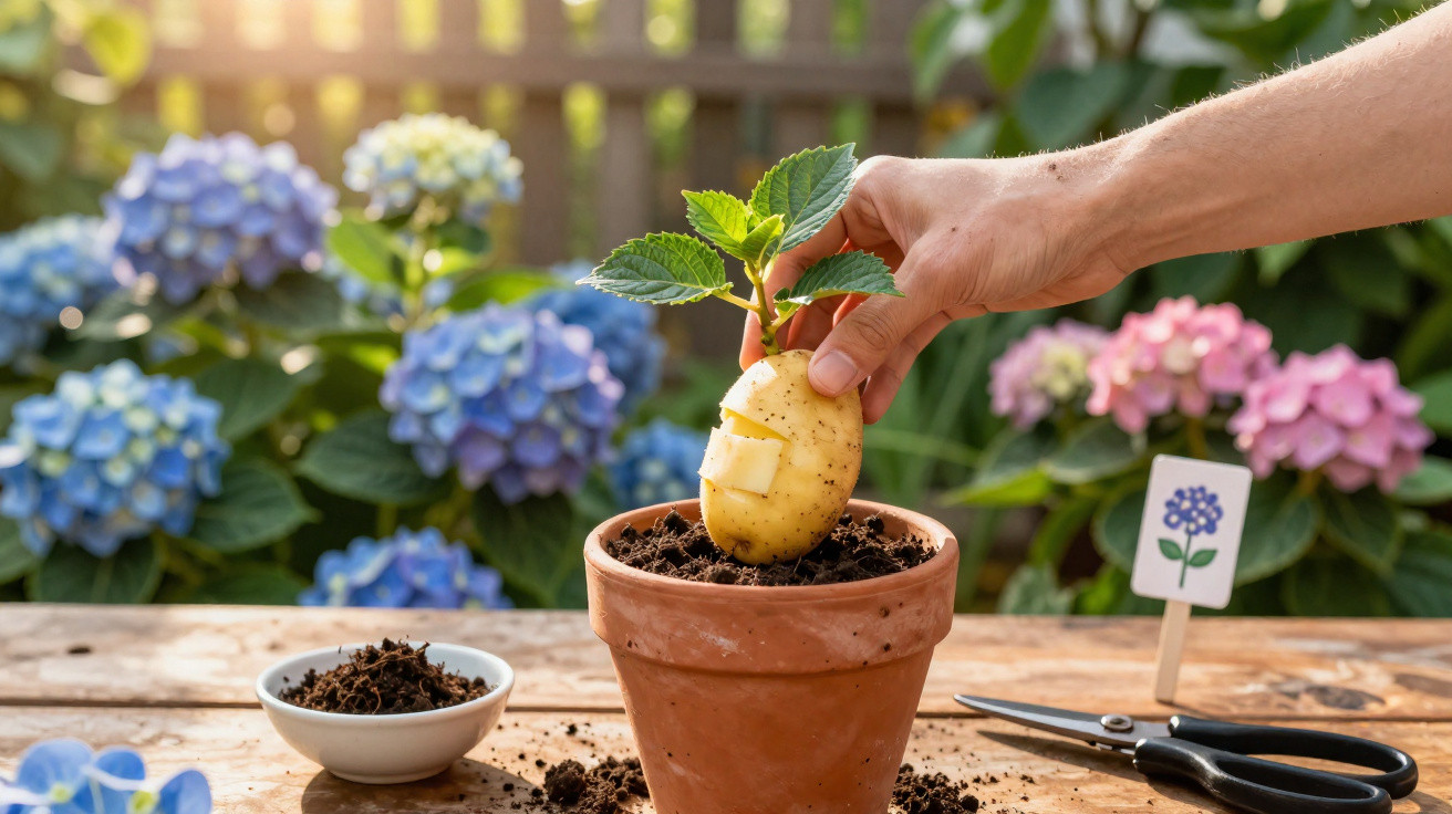 Mão a colocar batata cortada com folhas numa planta em vaso de barro num jardim com flores coloridas ao fundo.
