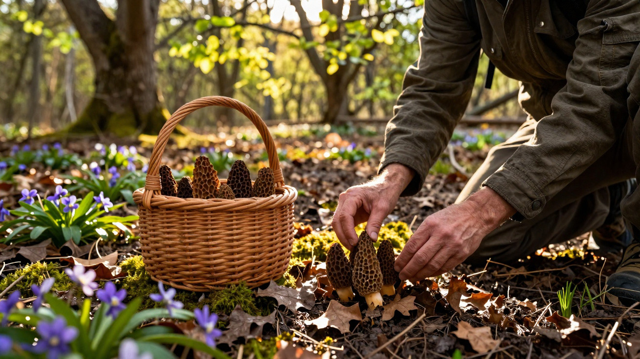 Mãos a colher cogumelos morchella numa floresta com cesto cheio e flores roxas ao redor.