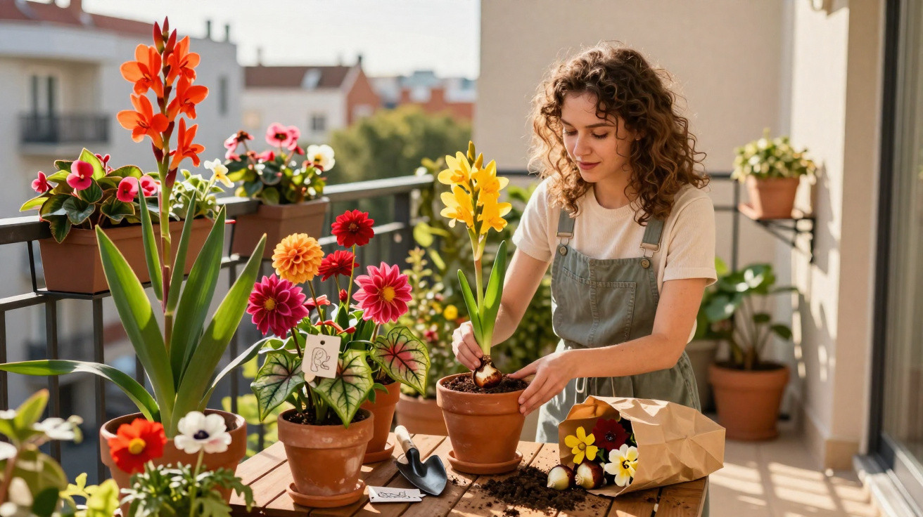 Mulher a tratar de plantas e flores coloridas num terraço ensolarado com vasos de barro.