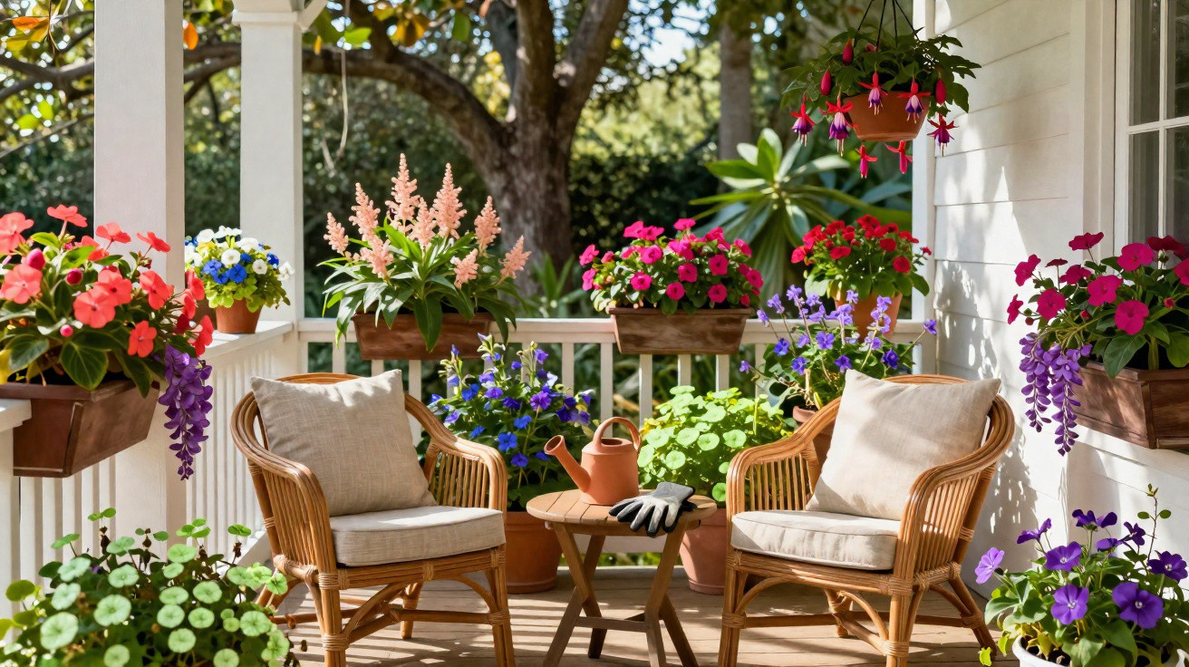 Varanda acolhedora com duas cadeiras de rattan, mesa, flores coloridas e utensílios de jardinagem ao sol.