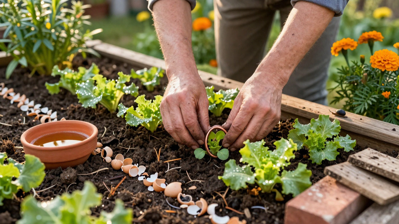 Mãos a transplantar muda numa horta com alface, flores e cascas de ovos para fertilizar o solo.