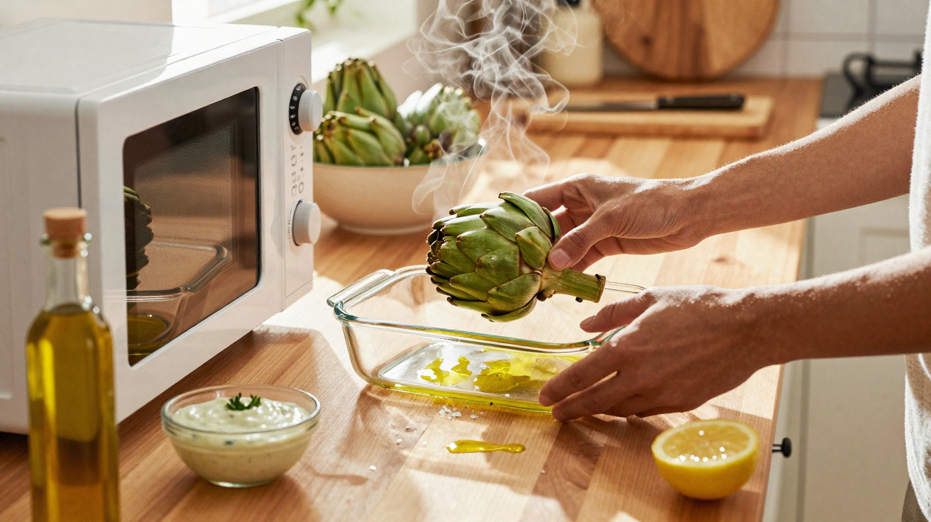 Mãos a preparar alcachofra quente numa cozinha moderna com micro-ondas, óleo, limão e molho.