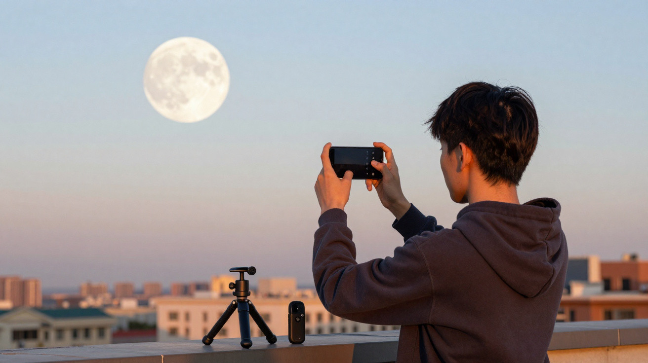 Jovem a tirar foto da lua cheia ao pôr do sol com telemóvel numa varanda urbana.