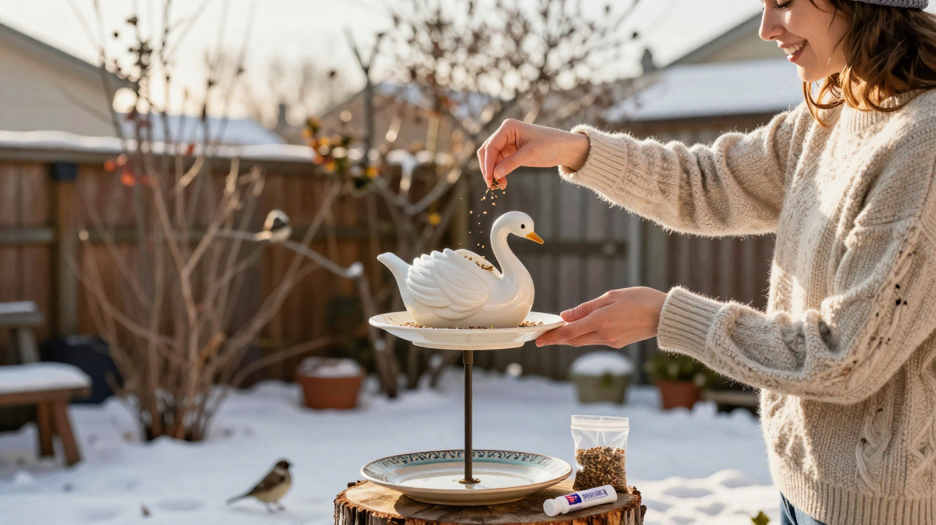 Pessoa a alimentar pássaros numa comedouro em forma de cisne, num jardim com neve ao fundo.