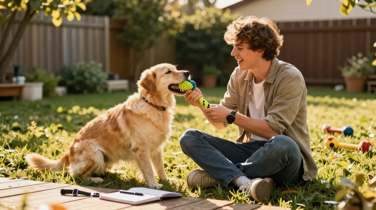 Jovem sentado na relva a brincar com um cão golden retriever que segura um brinquedo colorido na boca.