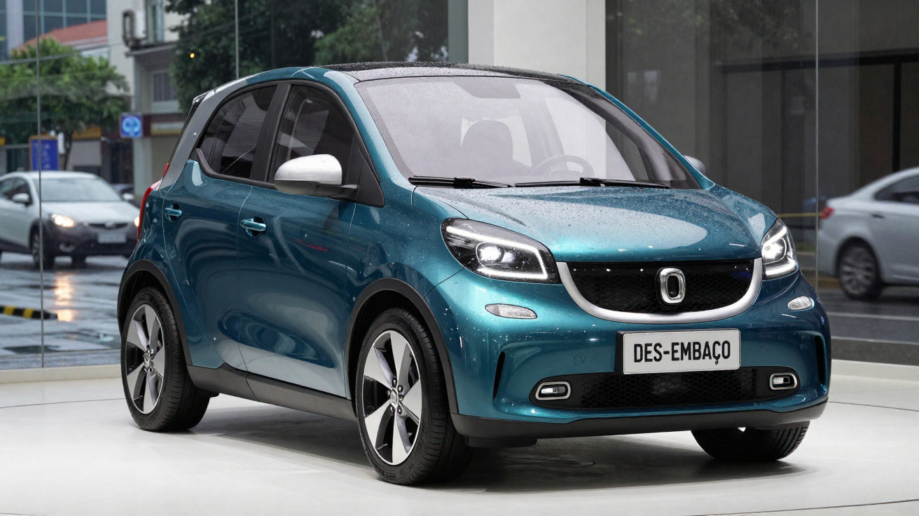 Carro elétrico compacto azul estacionado em showroom com luzes ligadas e chapa a dizer "DES-EMBAÇO".