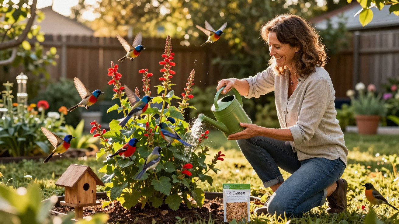 Mulher rega flores vermelhas num jardim, rodeada por pássaros coloridos a voar e pousar nas plantas.