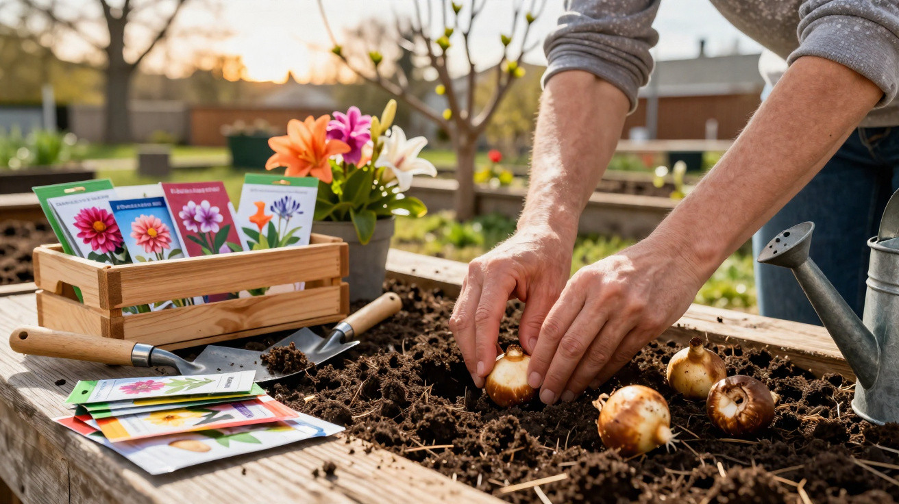 Mãos a plantar bolbos de flores numa cama elevada de jardim com sementes e ferramentas ao lado.