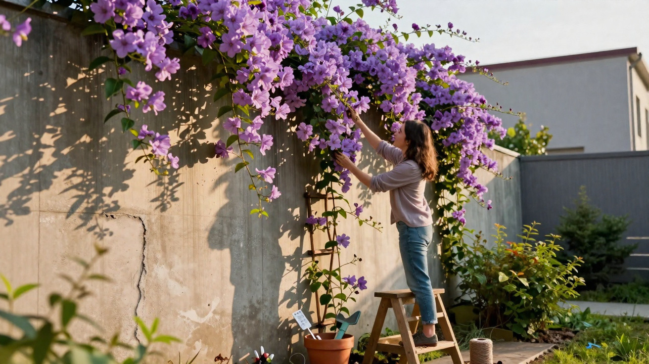 Mulher colhendo flores roxas de uma trepadeira num muro, apoiada numa escada de madeira no jardim.