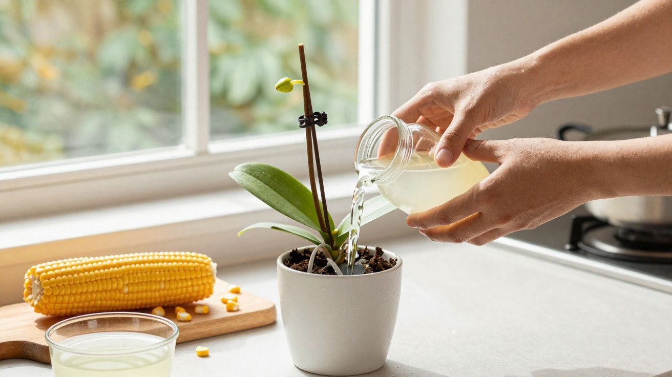 Mãos a regar uma planta orquídea num vaso branco, com milho e copo de bebida numa bancada junto a uma janela.