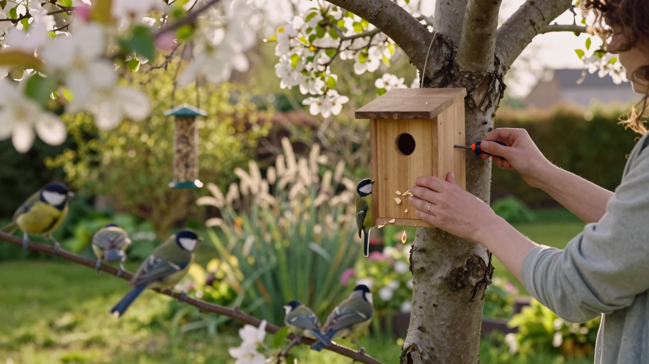 Pessoa a montar uma casinha de pássaros num jardim florido com várias aves nas árvores.