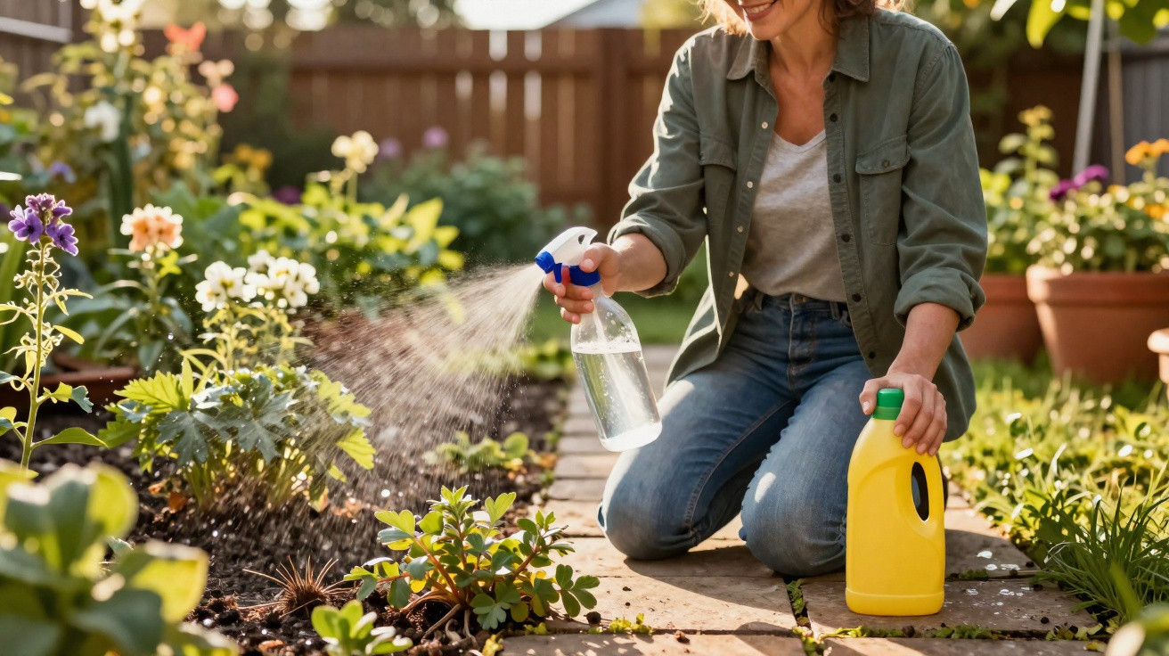 Mulher a regar plantas num jardim com borrifador enquanto segura fertilizante amarelo.