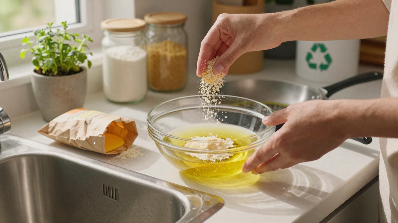 Mãos a adicionar ingredientes numa taça com óleo numa cozinha moderna com plantas e frascos no fundo.