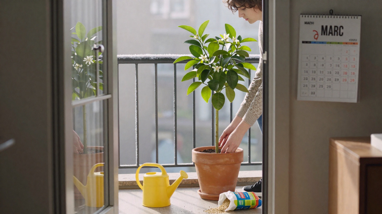 Pessoa a cuidar de planta em vaso no alpendre, com regador amarelo e calendário de março na parede.