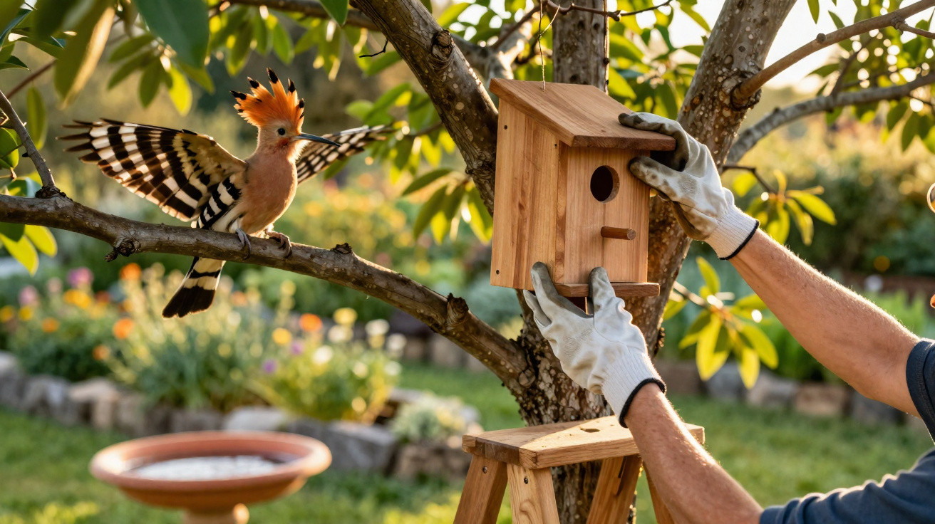 Pássaro colorido com penas em leque pousado em ramo enquanto pessoa instala casa de madeira para aves.