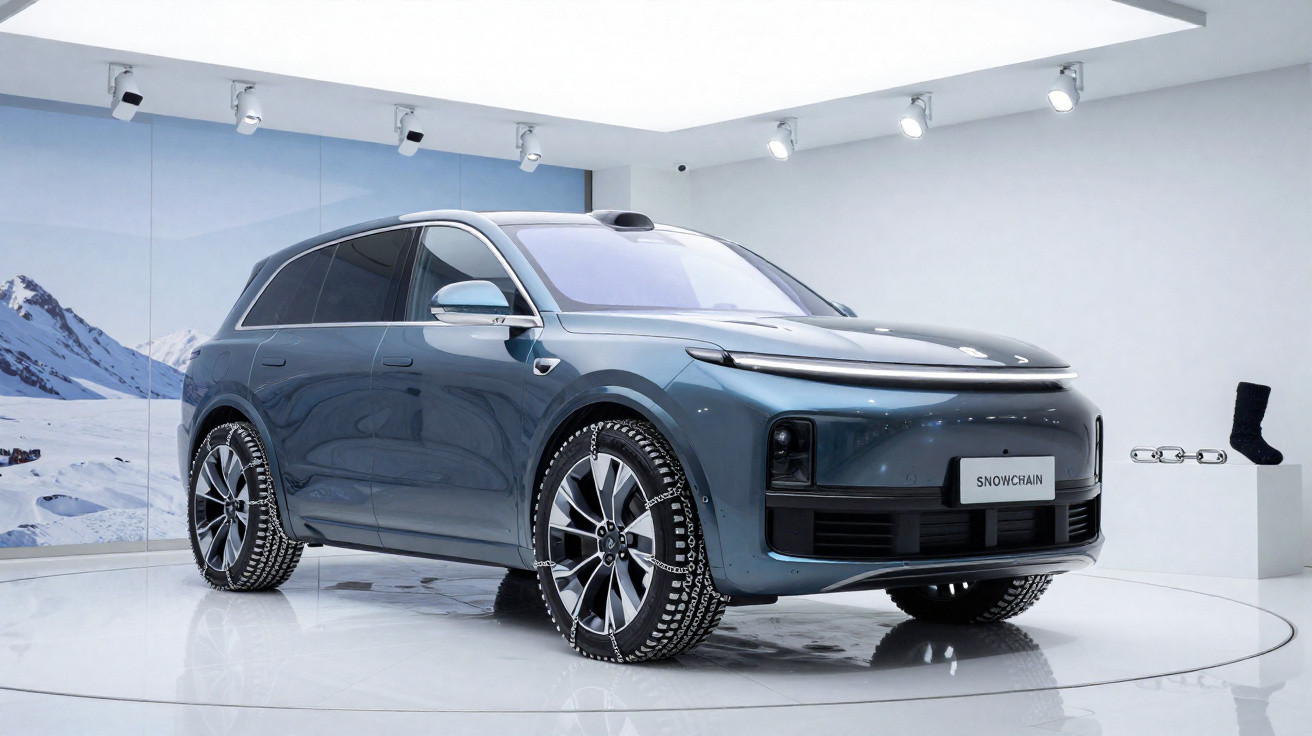 Carro elétrico SUV azul com correntes de neve nos pneus exibido numa sala branca com imagem de montanhas nevadas.
