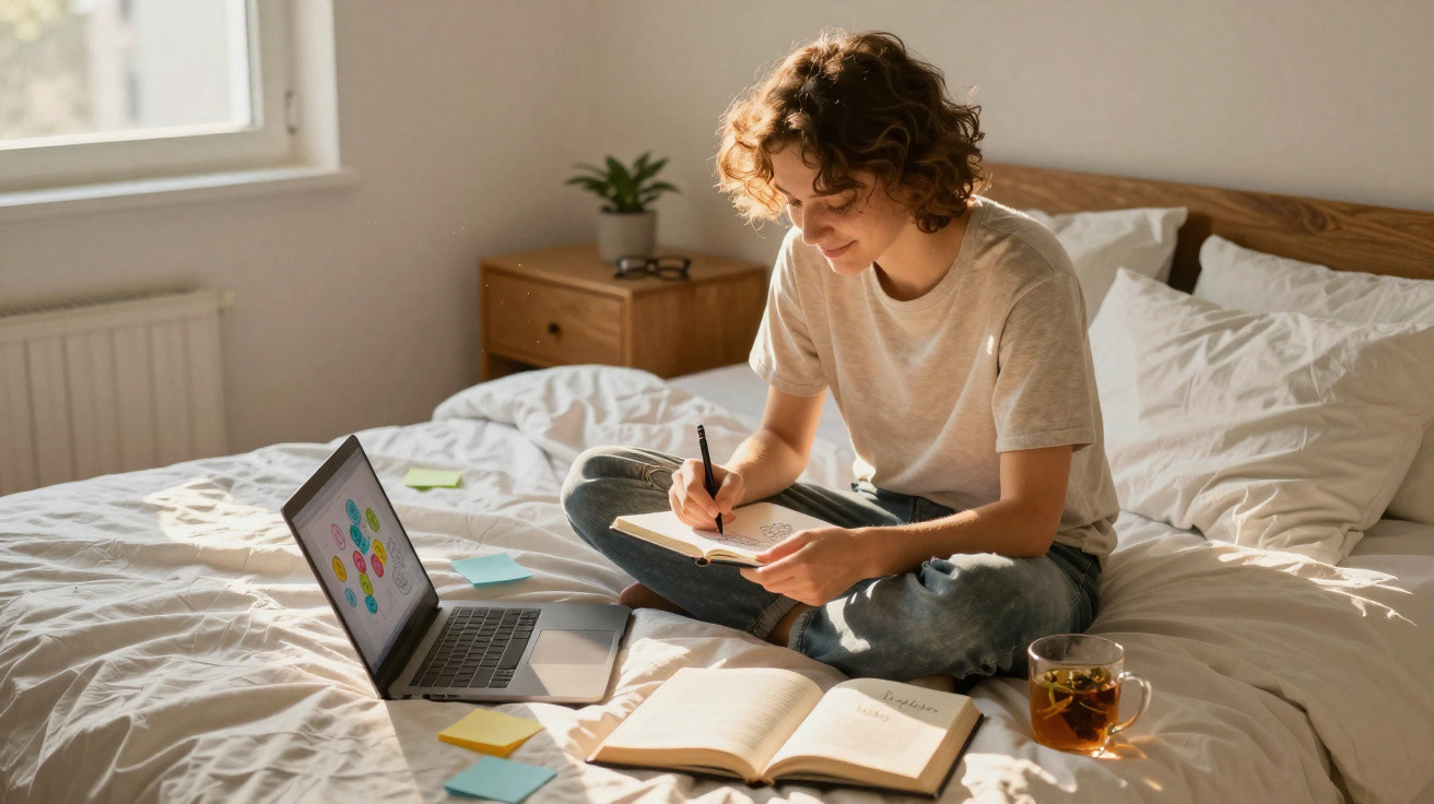 Jovem sentada na cama a escrever num caderno, com computador portátil aberto e chá ao lado.
